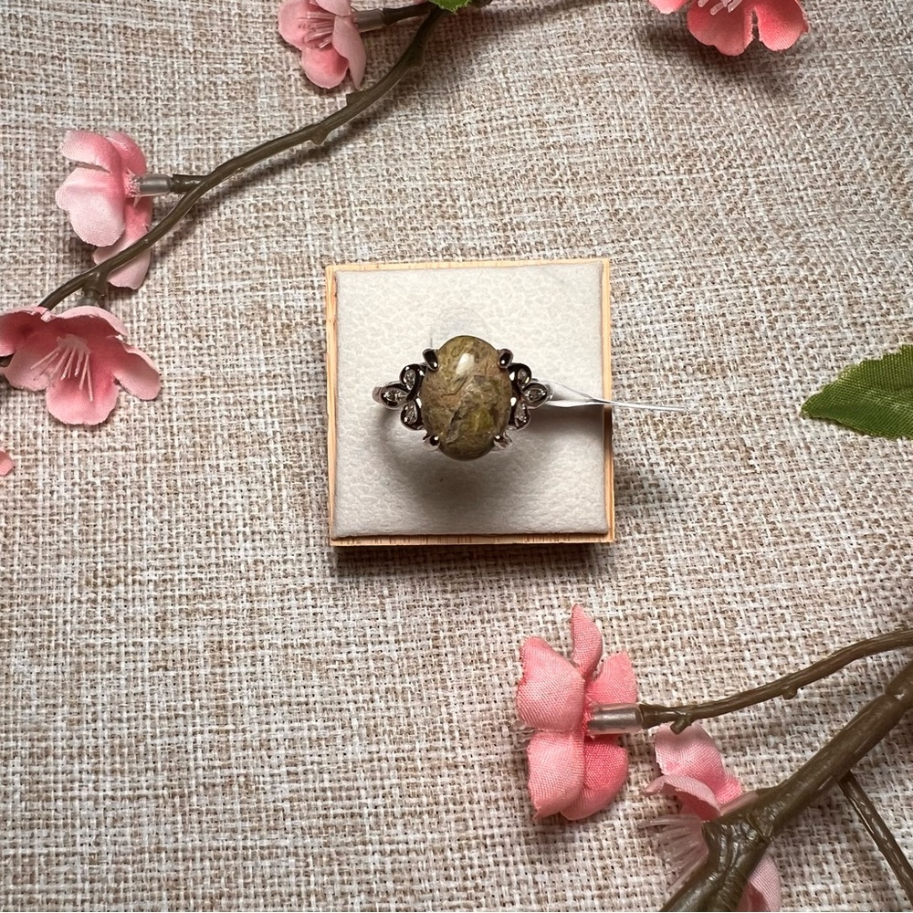 Size 9 | Silver Boho Gemstone Ring – Large Oval Unakite Jasper, Chunky Statement
